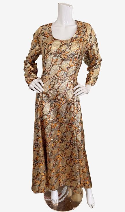 Vintage Dresses & Skirts - Vintage 60's 70's Metallic Brocade Paisley A-Line Hostess Maxi Dress